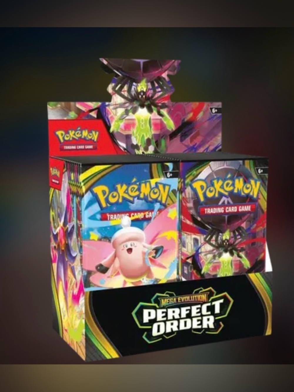 Pokemon Perfect Order Display Box with Pink, Blue, Green, Yellow, Black Artwork